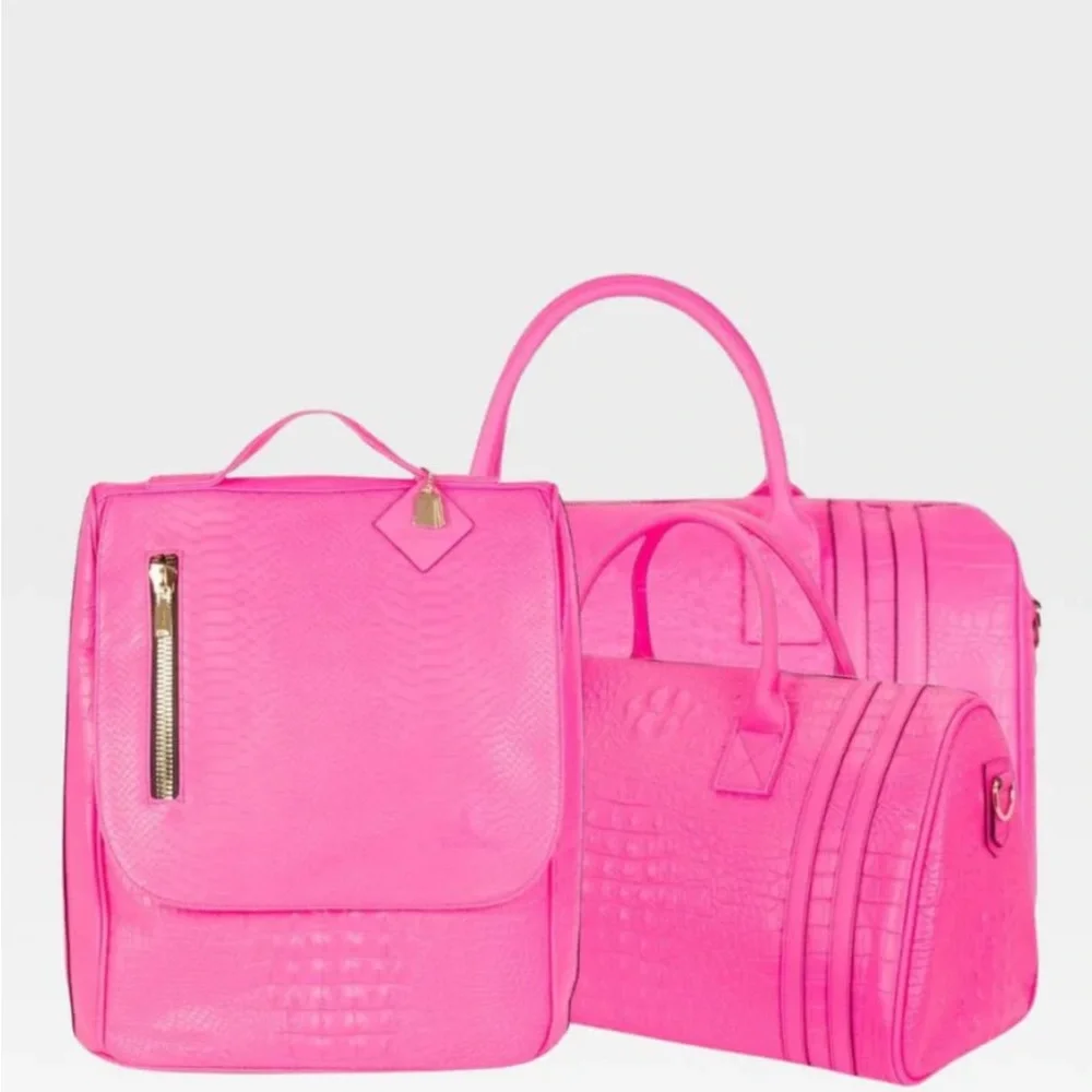 Women's Hot Pink Travel Bag Set - Croc-Embossed Carryall and Tote
